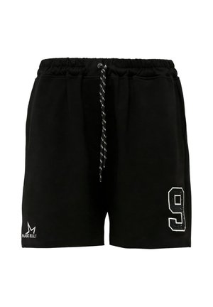 Schwarze Sportshorts mit elastischem Bund, schwarzem und weißem Kordelzug, weißer Nummer 9 am rechten Bein und Marcellus-Logo am linken Bein.