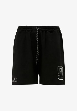 Schwarze Sportshorts mit elastischem Bund, schwarzem und weißem Kordelzug, weißer Nummer 9 am rechten Bein und Marcellus-Logo am linken Bein.