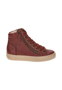 High-top sneakers in burgundy leather with a textured finish, featuring a front lace-up closure and a side zip detail. Light tan sole.