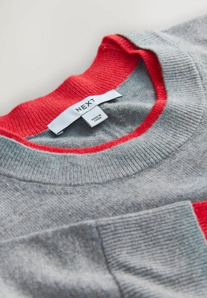 Pelēks džemperis ar sarkanu ribotu apkakli un kabatu. Etiķete ar uzrakstu "NEXT", norādot auduma kopšanas informāciju un izcelsmi. Mīksta tekstūra.