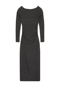Dunkelgraues Kleid mit langen Ärmeln, Bootauschnitt, taillierter Silhouette und strukturiertem Stoff, mit gerafften Details an der Seite.