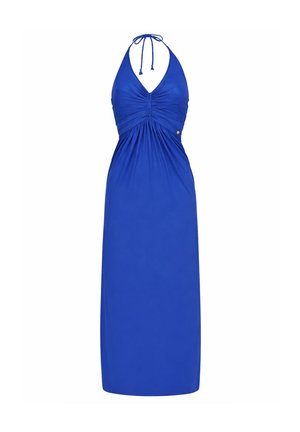 Blue halter-neck maxi dress with ruched bust and empire waist, featuring a tie closure at the neck and a small round gold accent on the side.