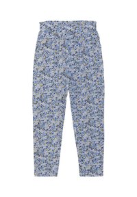 Pantalons à imprimé floral bleu clair avec de petites fleurs bleu marine et jaunes. Taille élastique, design à jambes fuselées, tissu léger.