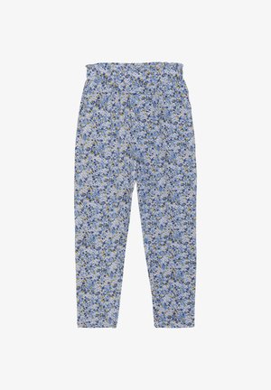 Pantalons à imprimé floral bleu clair avec de petites fleurs bleu marine et jaunes. Taille élastique, design à jambes fuselées, tissu léger.
