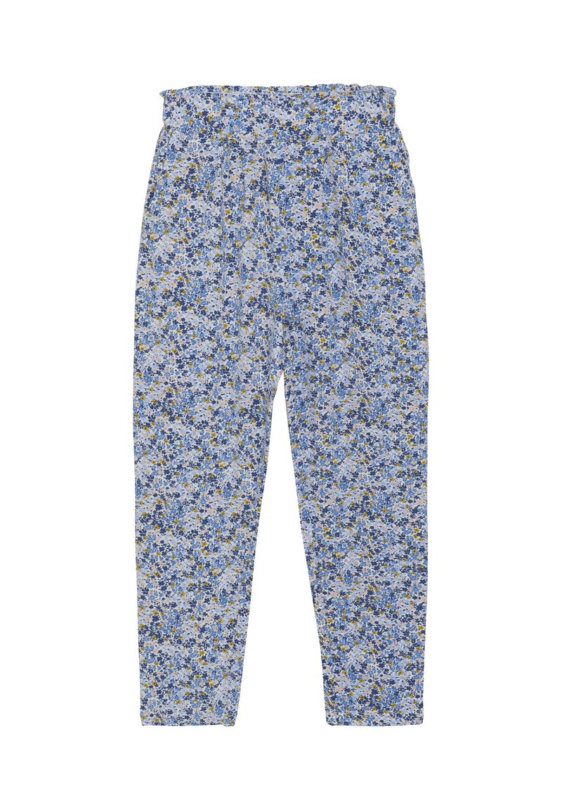 Pantalons à imprimé floral bleu clair avec de petites fleurs bleu marine et jaunes. Taille élastique, design à jambes fuselées, tissu léger.