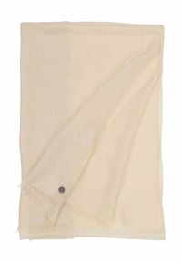 Light beige scarf made of a soft, textured material. Frayed edges and a decorative button accent on one side.