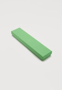 Μακρύ, στενό πράσινο κουτί με υφή στην επιφάνεια, κλειστό, που βρίσκεται σε λευκό φόντο.