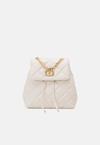 Quilted white backpack made of faux leather, featuring a gold chain accent, drawstring closure, and gold-tone hardware.