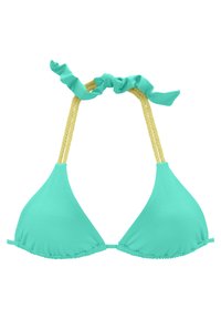 Türkisfarbener Triangle-Bikini-Oberteil mit gerafften Kanten und geflochtenen gelben Trägern, ausgestattet mit Bindebändern am Hals und Rücken für eine verstellbare Passform.