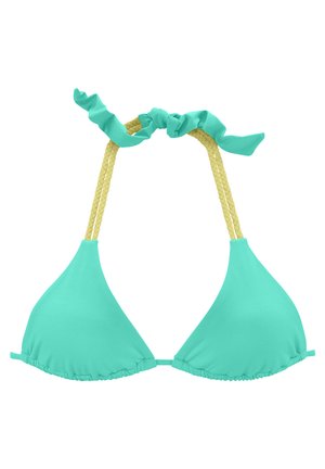 Turkooise driehoek bikini top met gerimpelde randen en gevlochten gele banden, met strikken bij de nek en rug voor een verstelbare pasvorm.