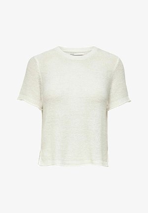 White short-sleeve knit top with a round neckline, featuring a textured pattern, side slits, and a relaxed fit.