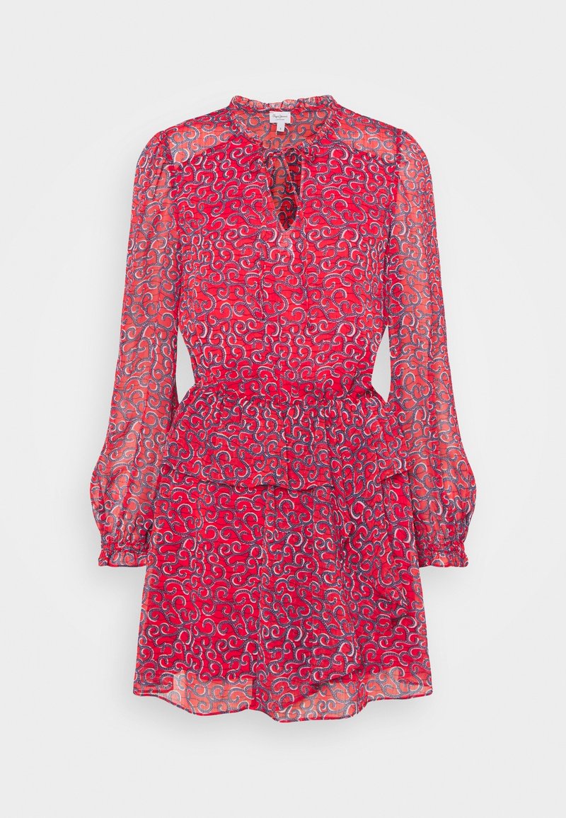 Rotes gemustertes Kleid aus transparentem Stoff, mit langen Puffärmeln, einem Bindeband am Hals und einer taillierten Passform, die am Saum ausgestellt wird.