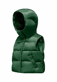 Gilet verde con cappuccio, caratterizzato da un design trapuntato, tasca laterale e texture lucida. Senza maniche con scollatura arrotondata.