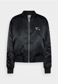 Giubbotto bomber nero realizzato in tessuto liscio e lucido, con chiusura frontale a zip, polsini a coste e logo "AIR" in rilievo sul petto.