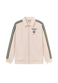 Lys beige zip-jakke med grønne og hvite striper langs skuldrene. Har Yale-logo på brystet og to sidelommer.