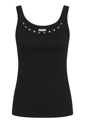 Schwarzes, geripptes Tanktop mit schmalen Trägern, das über einen runden Ausschnitt verfügt, der mit dekorativen silbernen Nieten und einem Markenlabel auf der Vorderseite verziert ist.