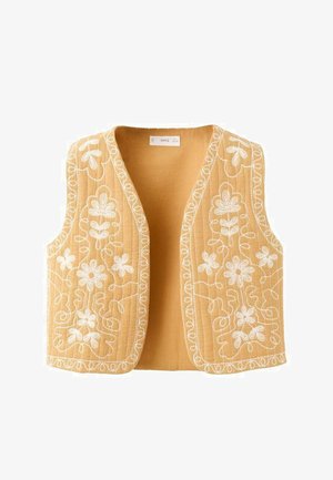 Gilet senza maniche di colore giallo senape con ricami floreali bianchi e design frontale aperto.
