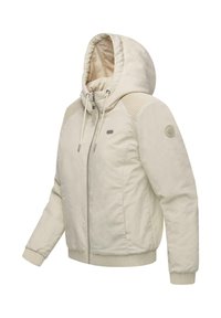 Jasnoszara beżowa kurtka z kapturem, z prążkowanymi detalami na ramionach, zamkiem błyskawicznym i elastycznymi mankietami, wykonana z teksturowanej tkaniny dla ciepła.