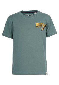 Kurzärmeliges T-Shirt aus gedämpftem Teal-Stoff mit Rundhalsausschnitt. Mit gelbem "BOFR 2014"-Text und einem Blitzgrafik auf der Brust.