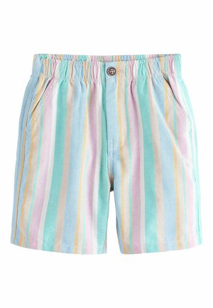 Pastelowe szorty w paski z elastycznym pasem, zapięciem na guzik i bocznymi kieszeniami, z pionowymi paskami w kolorze niebieskim, różowym, żółtym i białym.