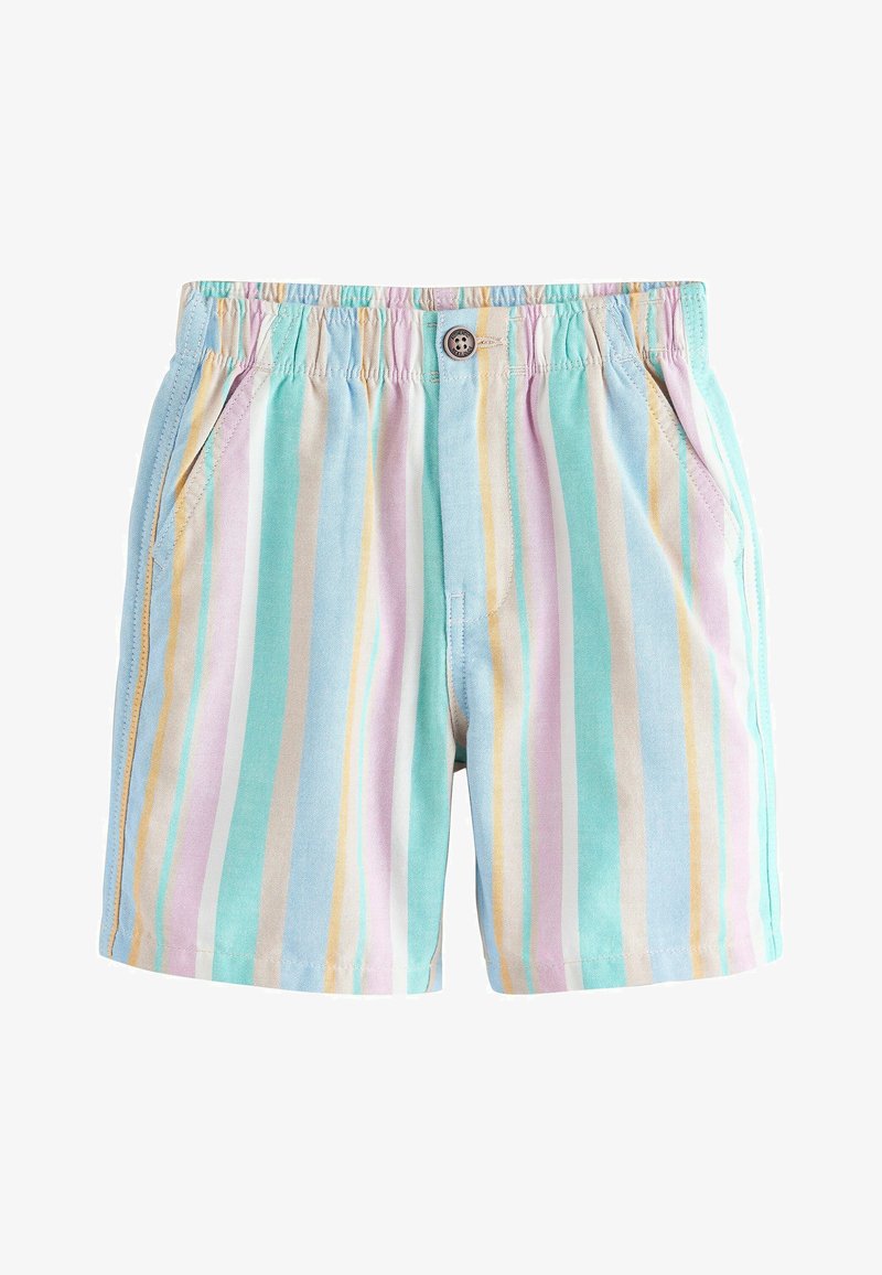 Shorts rayés pastel avec une taille élastique, une fermeture par bouton et des poches latérales, présentant des rayures verticales en bleu, rose, jaune et blanc.
