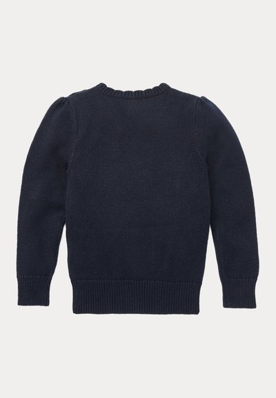 Dunkelblauer, langärmeliger Strickpullover mit gerippten Bündchen, Saum und Kragen, flach liegend mit der Rückseite nach oben präsentiert.