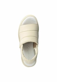 Beige slide sandal with three wide, padded straps. Textured rubber sole and smooth inner lining. Open-toe design. Lightweight construction.
