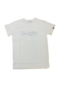 T-shirt bianco in cotone con scollo rotondo, maniche corte e testo "Siviglia" in grigio chiaro sul davanti. Piccolo logo sulla manica.