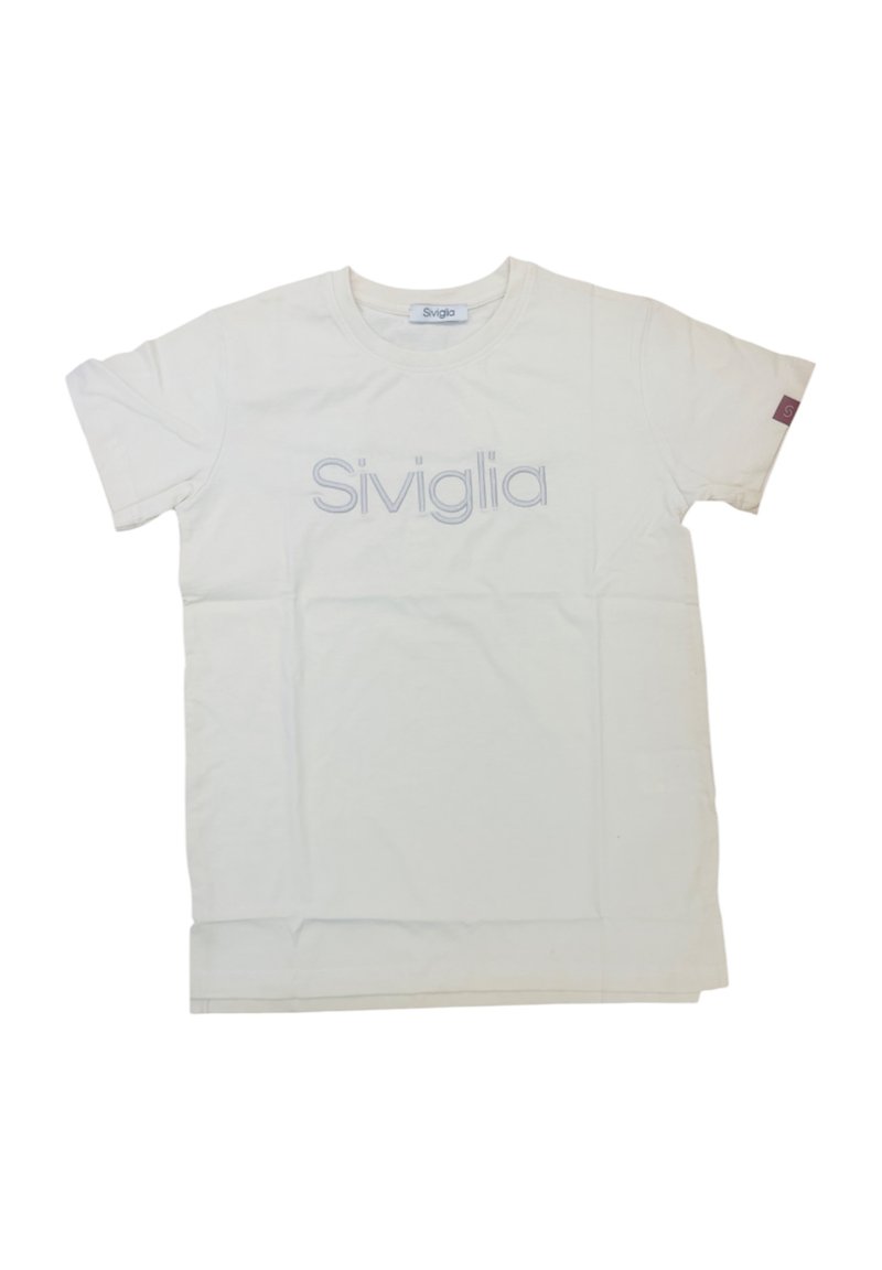T-shirt bianco in cotone con scollo rotondo, maniche corte e testo "Siviglia" in grigio chiaro sul davanti. Piccolo logo sulla manica.