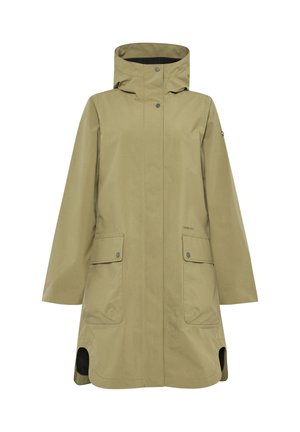 Manteau imperméable vert olive avec un col montant, deux poches avant, des fermetures à pression et des ouvertures latérales pour la ventilation. Conçu pour une utilisation en extérieur.