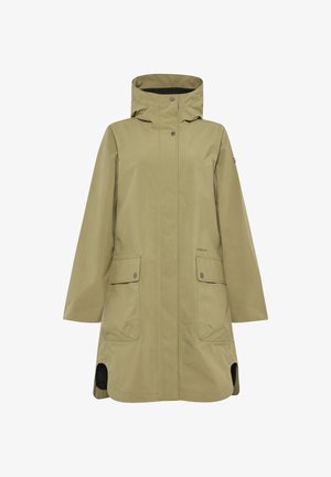 Olivgrüner, wasserdichter Mantel mit hohem Kragen, zwei Fronttaschen, Druckknopfverschlüssen und seitlichen Lüftungsschlitzen zur Belüftung. Für den Außeneinsatz konzipiert.