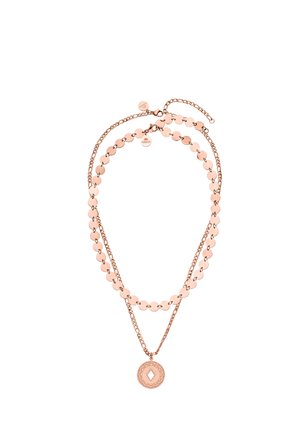 Doppellagige Halskette aus Roségold mit runden Scheiben an einer Kette und einem Anhänger mit Diamantausschnitt an der anderen Kette.