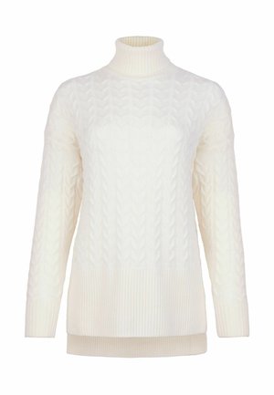 Cremfarbener Kabelstrick-Pullover mit Stehkragen und langen Ärmeln, der über einen gerippten Saum und Bündchen verfügt und ein strukturiertes, warmes Design präsentiert.