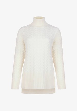 Cremfarbener Kabelstrick-Pullover mit Stehkragen und langen Ärmeln, der über einen gerippten Saum und Bündchen verfügt und ein strukturiertes, warmes Design präsentiert.