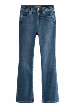 Mid-blue bootcut jeans with front button, zipper, front and back pockets, and belt loops, displayed flat on a white background.