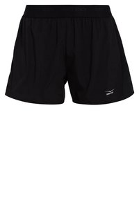 Pantalones cortos deportivos negros hechos de tela ligera, con una cinturilla elástica que lleva el logo "VENICE BEACH" y un pequeño logo en el dobladillo.