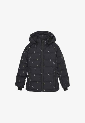 Schwarze Steppjacke mit einem Reißverschluss vorne, einer Kapuze und bunten geometrischen Mustern. Verfügt über elastische Manschetten und Seitentaschen.