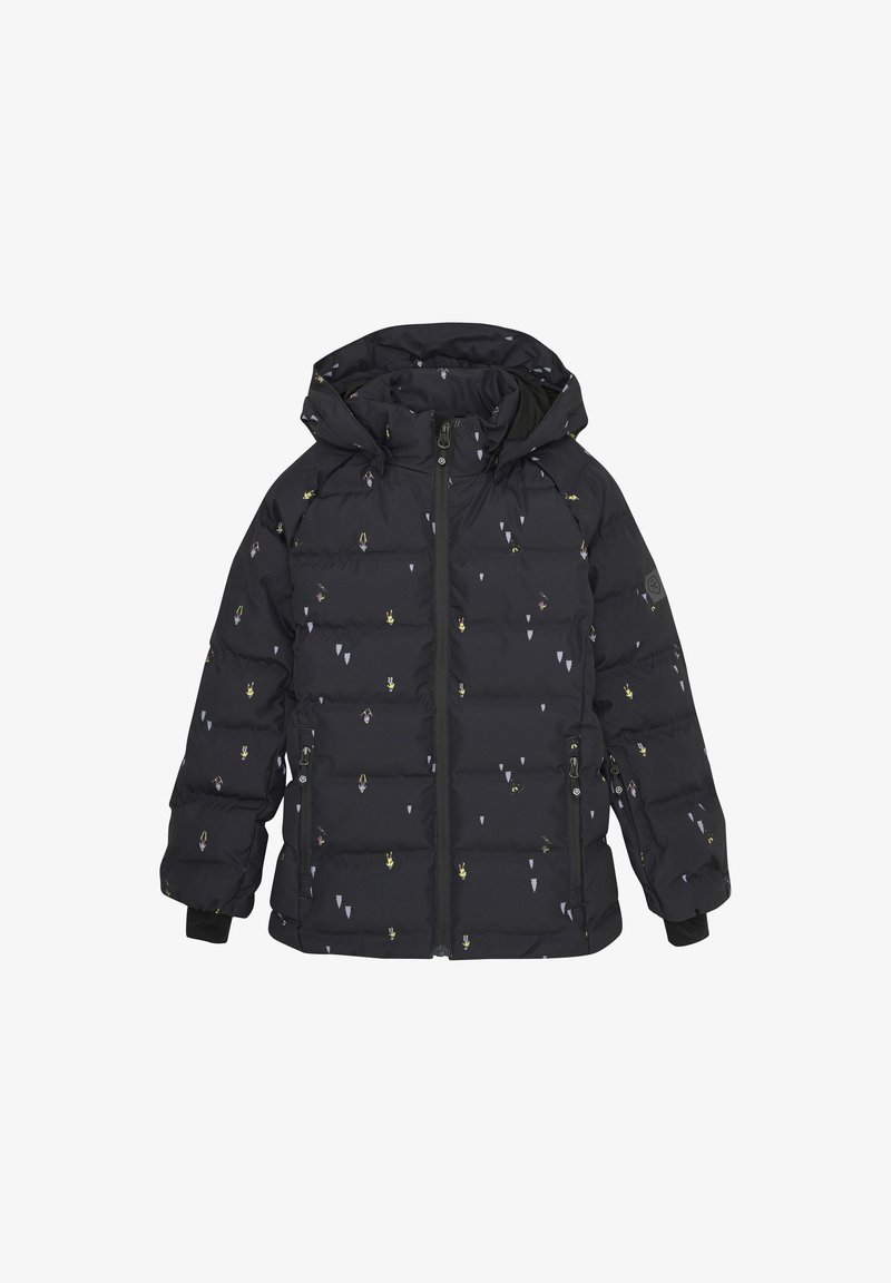 Zwarte pufferjack met een ritssluiting aan de voorkant, een capuchon en kleurrijke geometrische patronen. Voorzien van elastische manchetten en zijzakken.