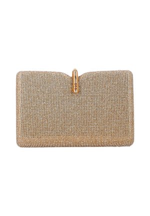 Guld rektangulær clutch dækket med små glitrende rhinsten og en guldfarvet lås i toppen midt på.