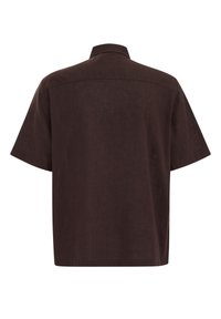 Dark brown short-sleeve shirt with a straight hem and a spread collar, shown from the back on a white background.