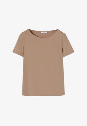 Īsām piedurknēm, ar apaļu kakla izgriezumu, augšdaļa no gaiši brūnas auduma. Vienmērīga tekstūra ar regulāru piegriezumu; bez rakstiem vai rotājumiem.