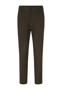 Dunkelgrüne, schmal geschnittene Hose aus einem weichen, gewebten Stoff. Mit einem Bund mit Gürtelschlaufen, einem Knopfverschluss und seitlichen Taschen.