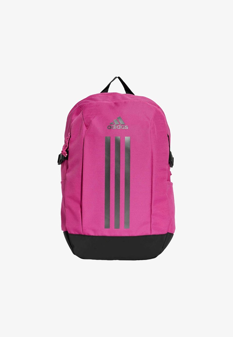 Zaino rosa realizzato in tessuto resistente con una base nera. Presenta tre strisce riflettenti e un logo sulla parte anteriore. Spallacci regolabili.
