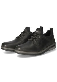 Chaussures noires en cuir avec une texture lisse, dotées d'un design à lacets, d'accents gris et d'une semelle rembourrée pour le confort.