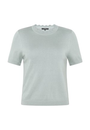 Pull tricoté gris clair à manches courtes avec un col rond festonné et une coupe régulière.