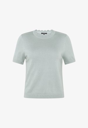 Light gray short-sleeve knitted sweater with a scalloped crew neckline and a regular fit.
