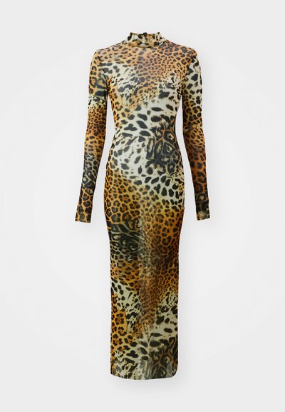 Leopard-print dress, long-sleeved, high neck, fitted silhouette, sheer material, featuring brown and black spots on a cream background.