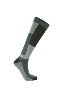 Vyötärön korkeudelle ulottuvat sukat eri sävyissä vihreää ja harmaata, joissa on geometrinen kuvio, joka sisältää texturoituja ja sileitä osuuksia.