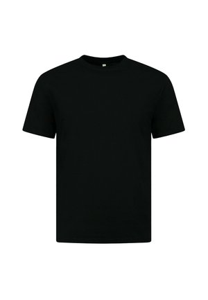 Zwarte T-shirt met korte mouwen en ronde hals, plat neergelegd op een witte achtergrond.