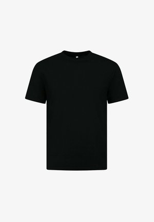 Zwarte T-shirt met korte mouwen en ronde hals, plat neergelegd op een witte achtergrond.
